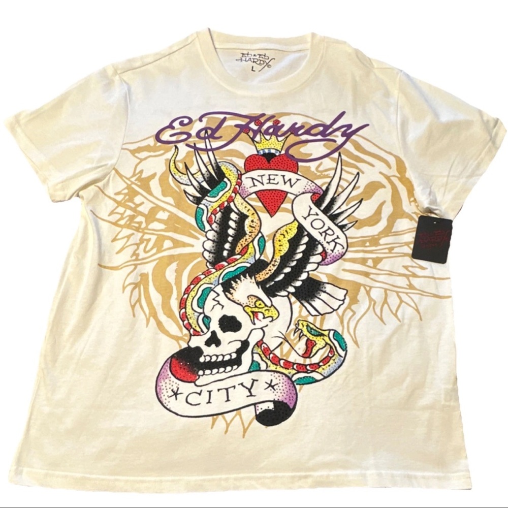 Ed Hardy Men's Ivory Graphic Skull & Snake Tee